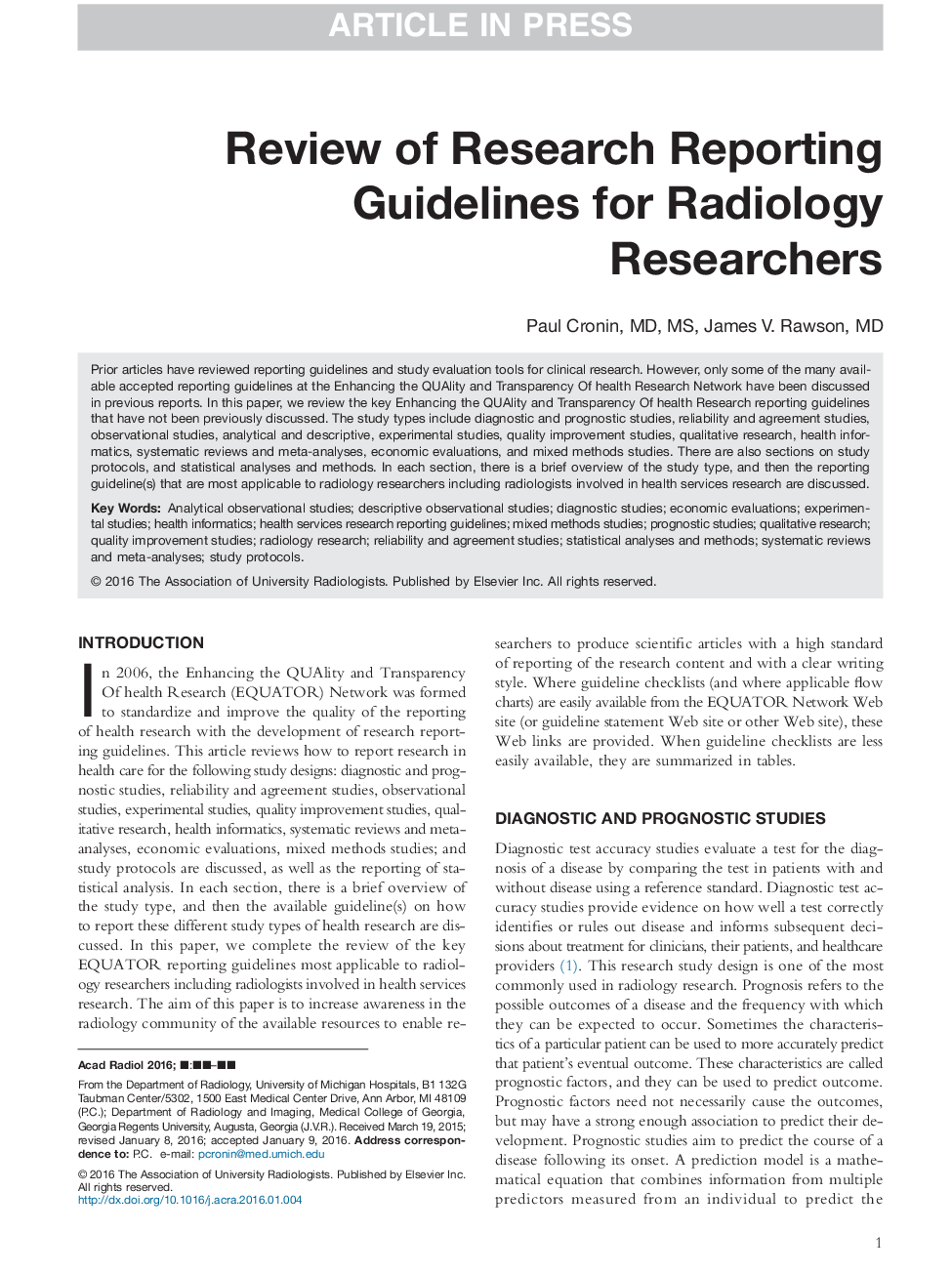 Review of Research Reporting Guidelines for Radiology Researchers