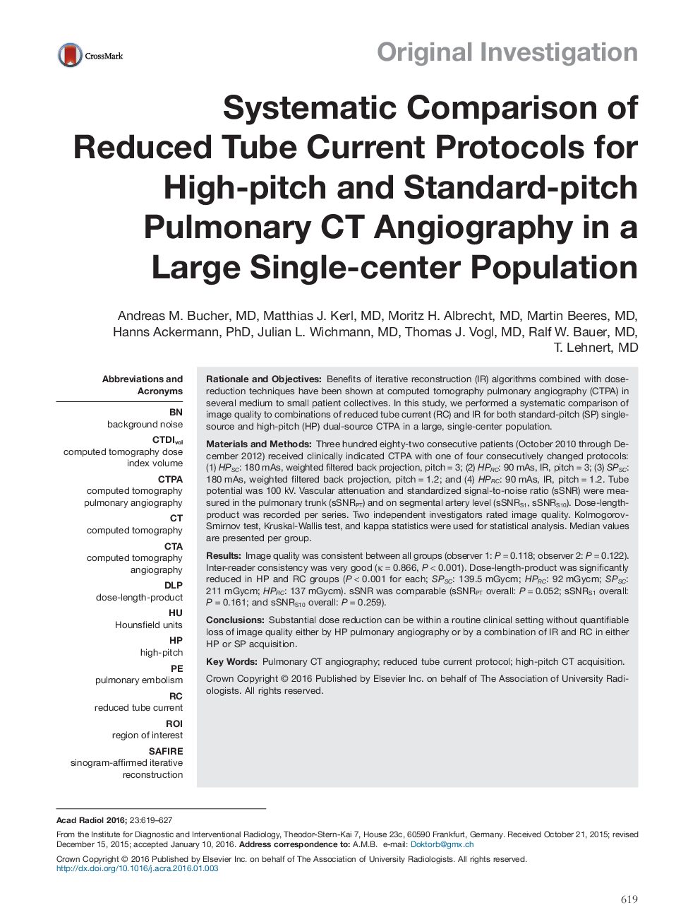 Systematic Comparison of Reduced Tube Current Protocols for High-pitch and Standard-pitch Pulmonary CT Angiography in a Large Single-center Population