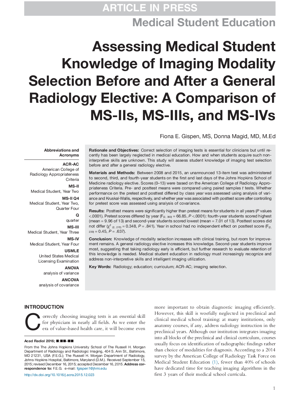 Assessing Medical Student Knowledge of Imaging Modality Selection Before and After a General Radiology Elective: A Comparison of MS-IIs, MS-IIIs, and MS-IVs