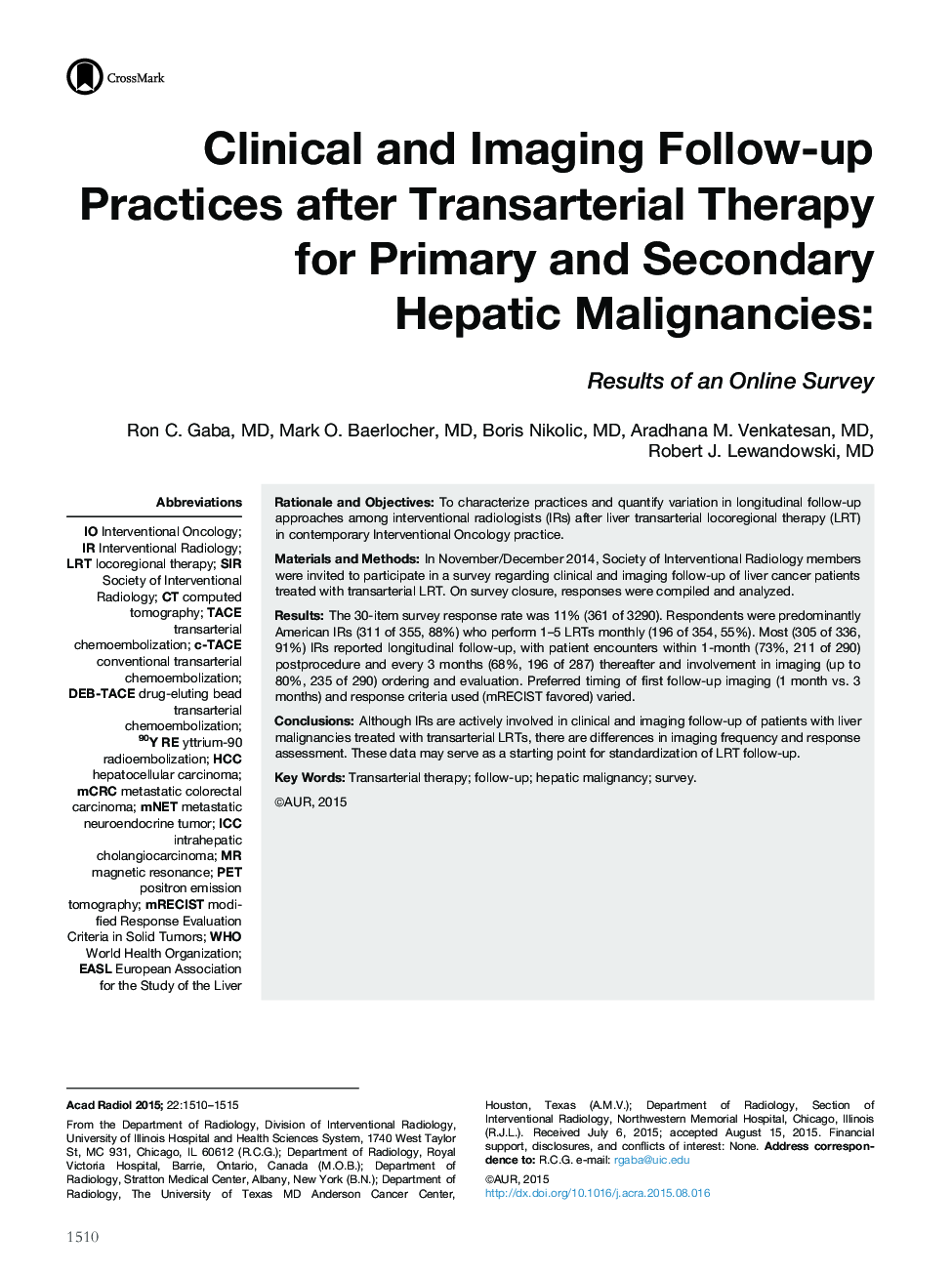 Clinical and Imaging Follow-up Practices after Transarterial Therapy for Primary and Secondary Hepatic Malignancies