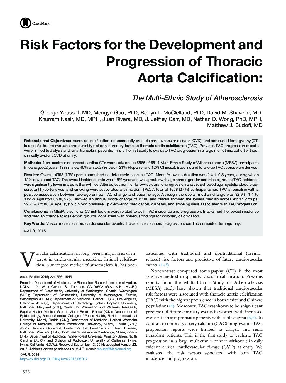 Risk Factors for the Development and Progression of Thoracic Aorta Calcification