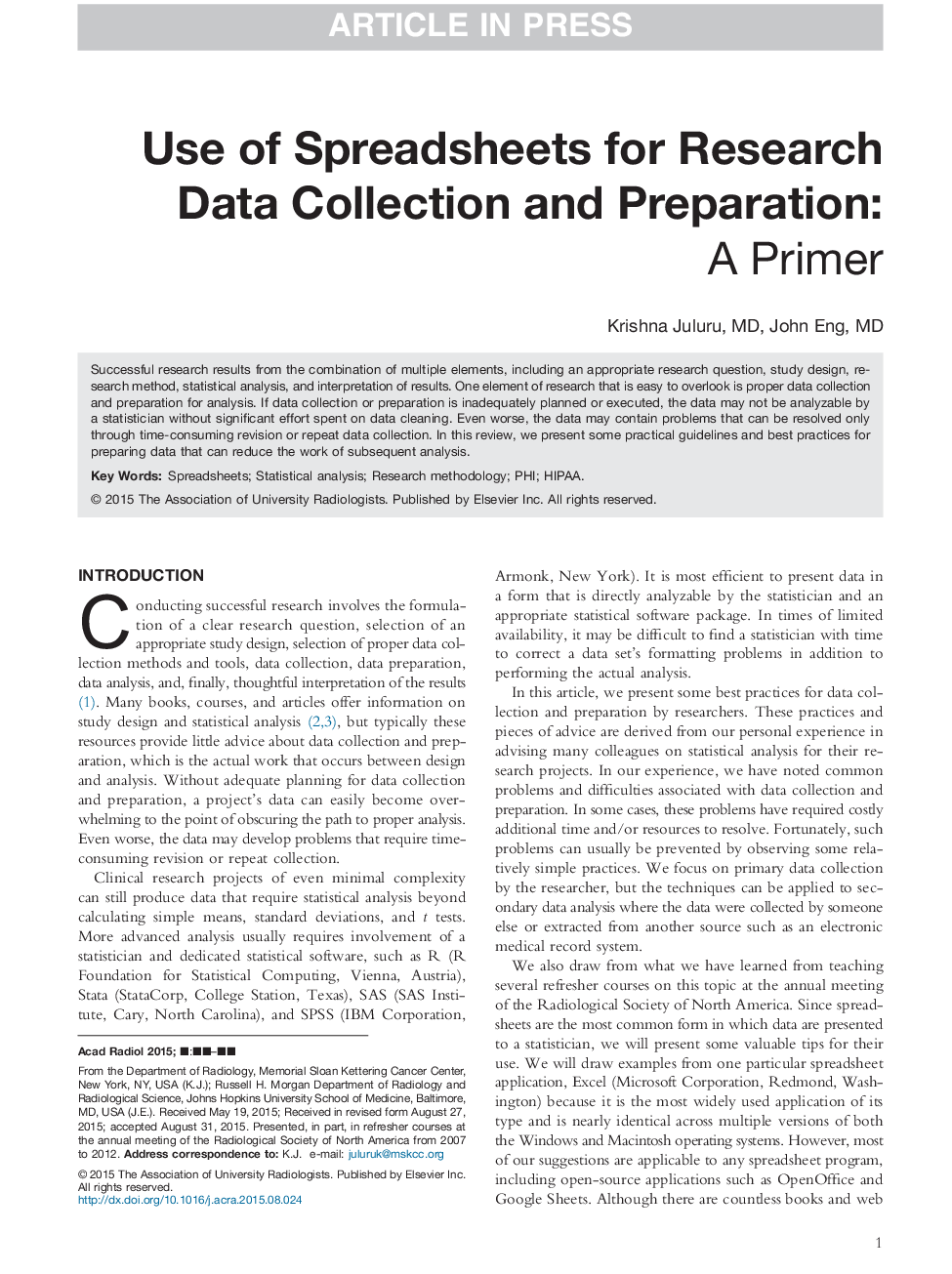 Use of Spreadsheets for Research Data Collection and Preparation: