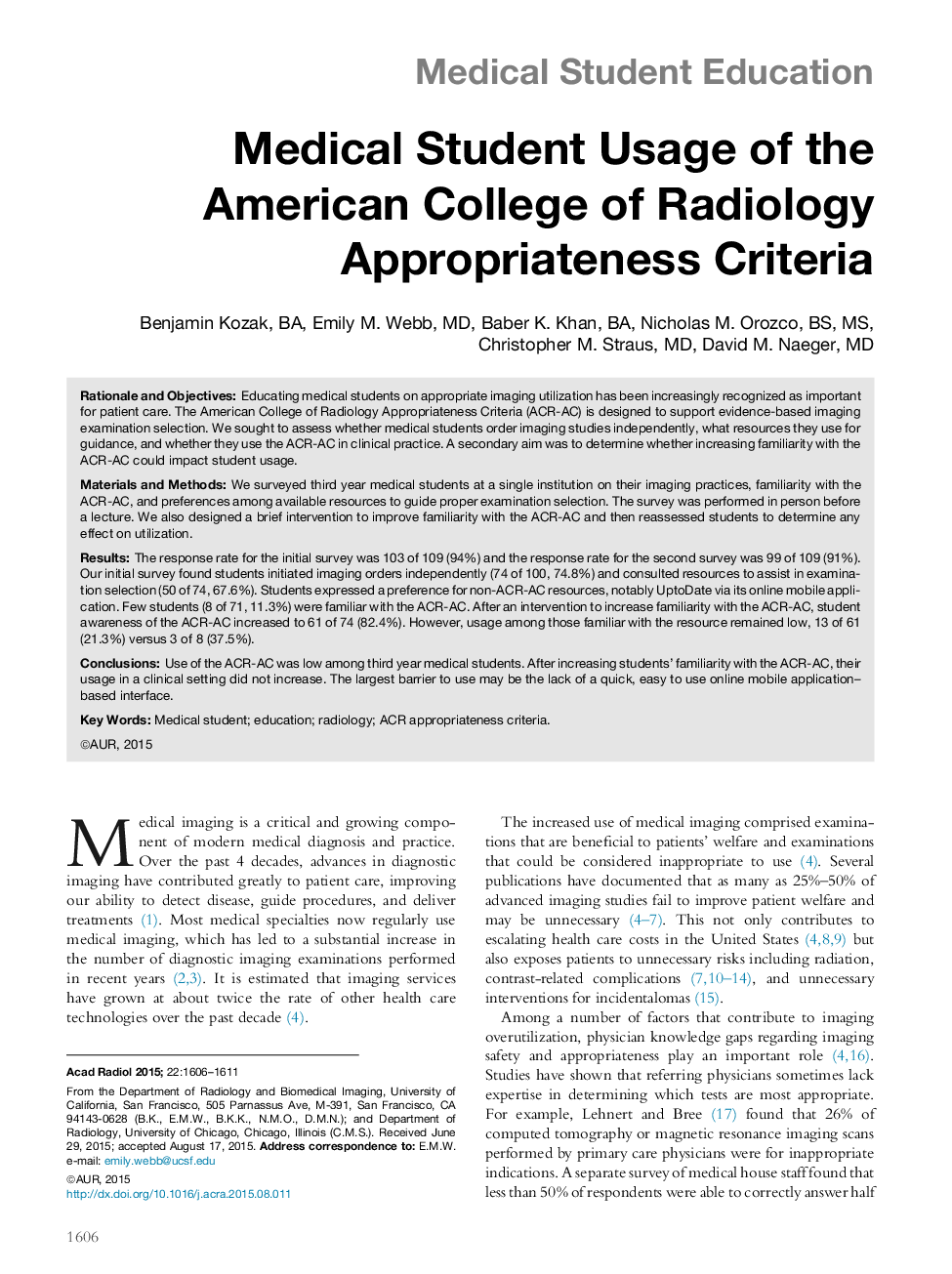 استفاده از دانشجوی پزشکی از کالج آمریکایی معیارهای پذیرش رادیولوژی 