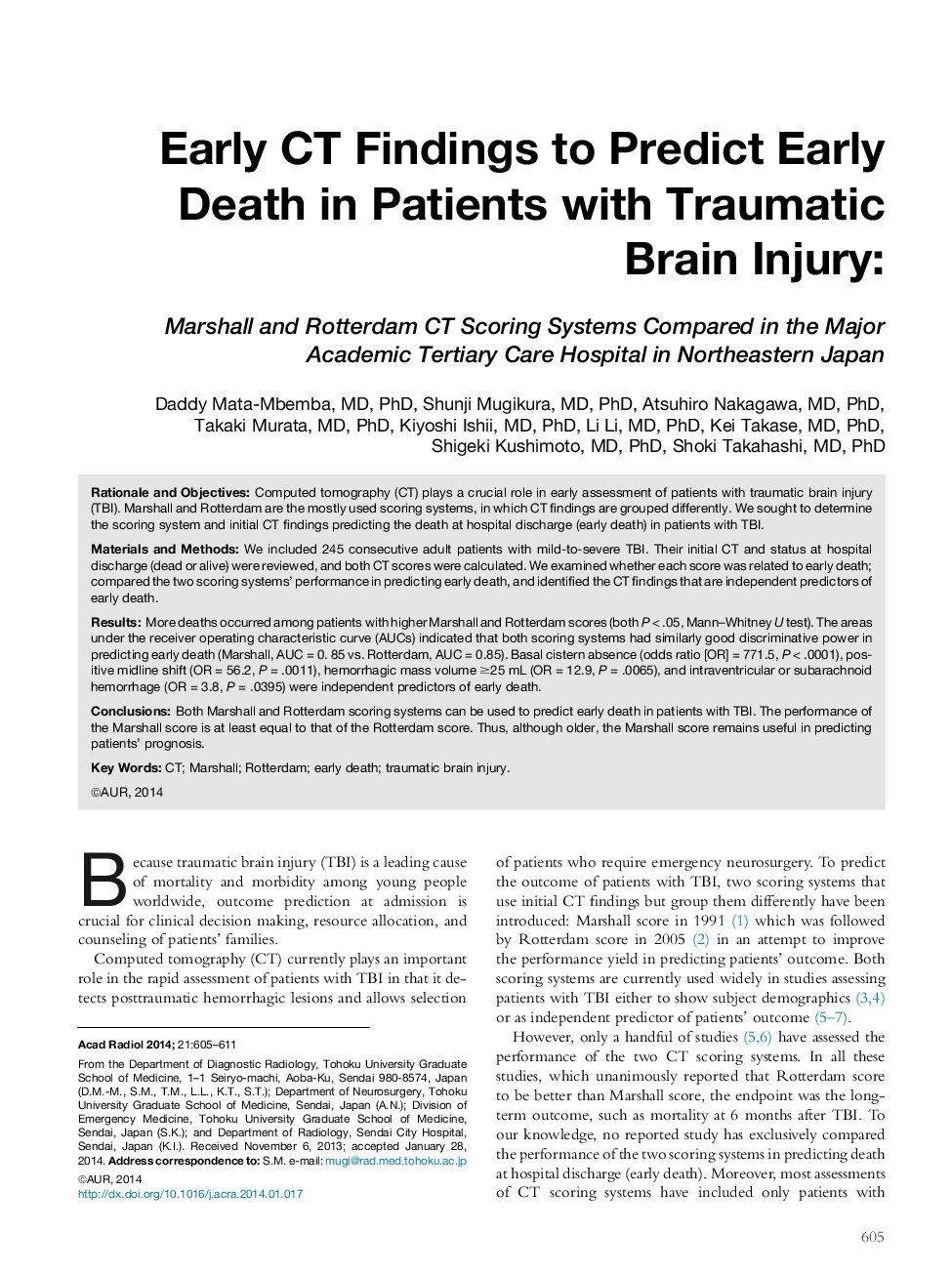 Early CT Findings to Predict Early Death in Patients with Traumatic Brain Injury