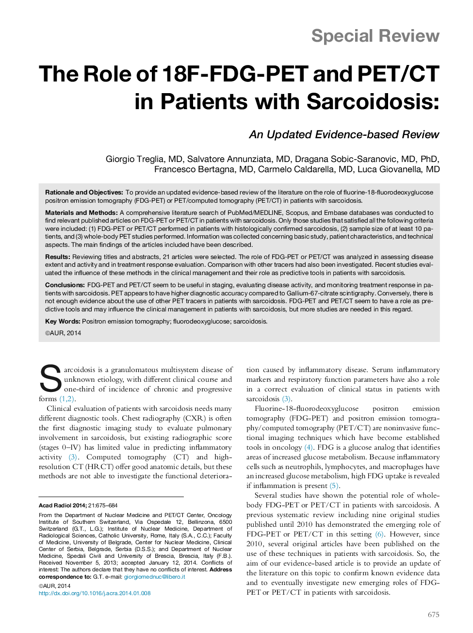 The Role of 18F-FDG-PET and PET/CT in Patients with Sarcoidosis