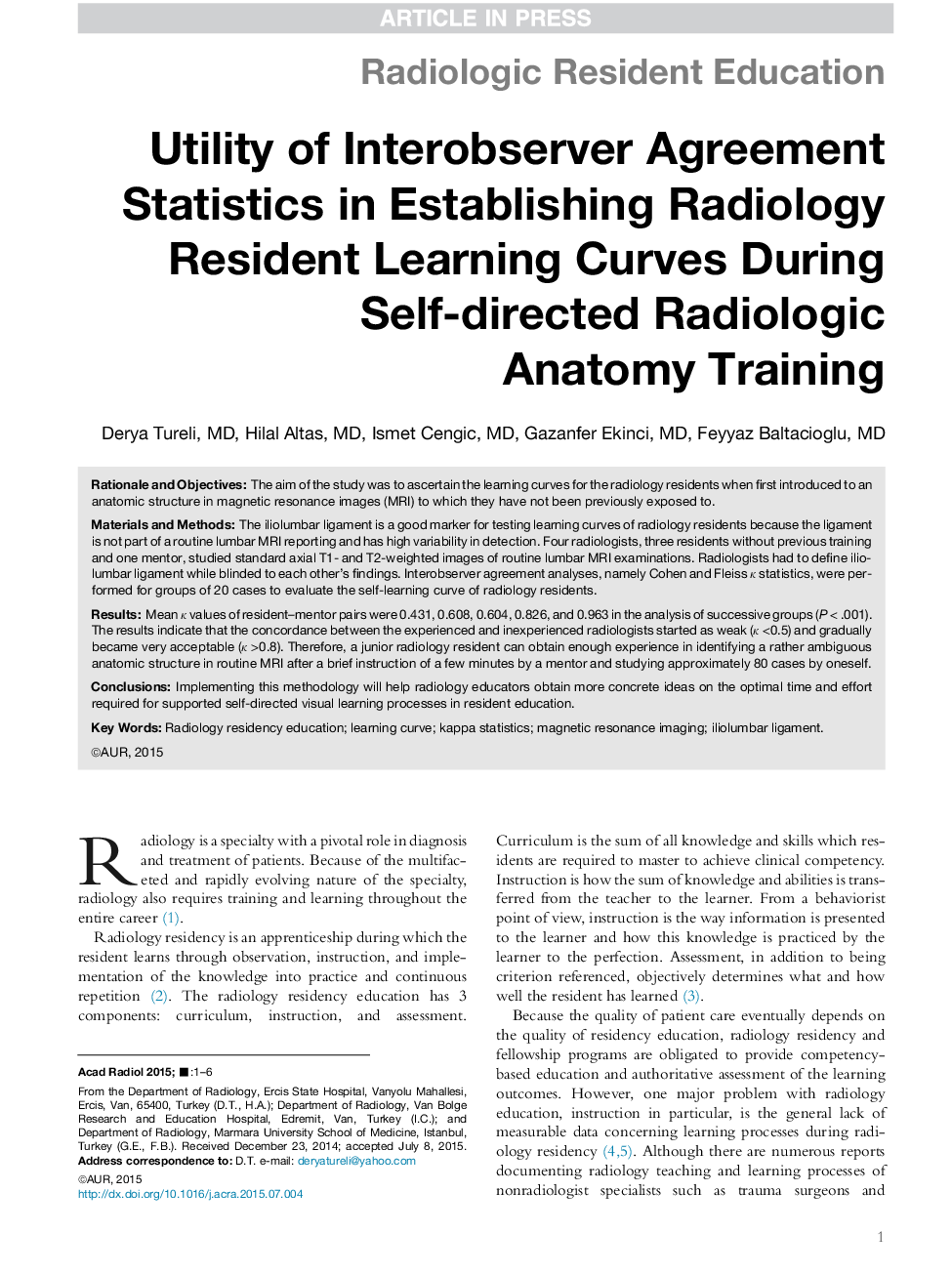 Utility of Interobserver Agreement Statistics in Establishing Radiology Resident Learning Curves During Self-directed Radiologic Anatomy Training