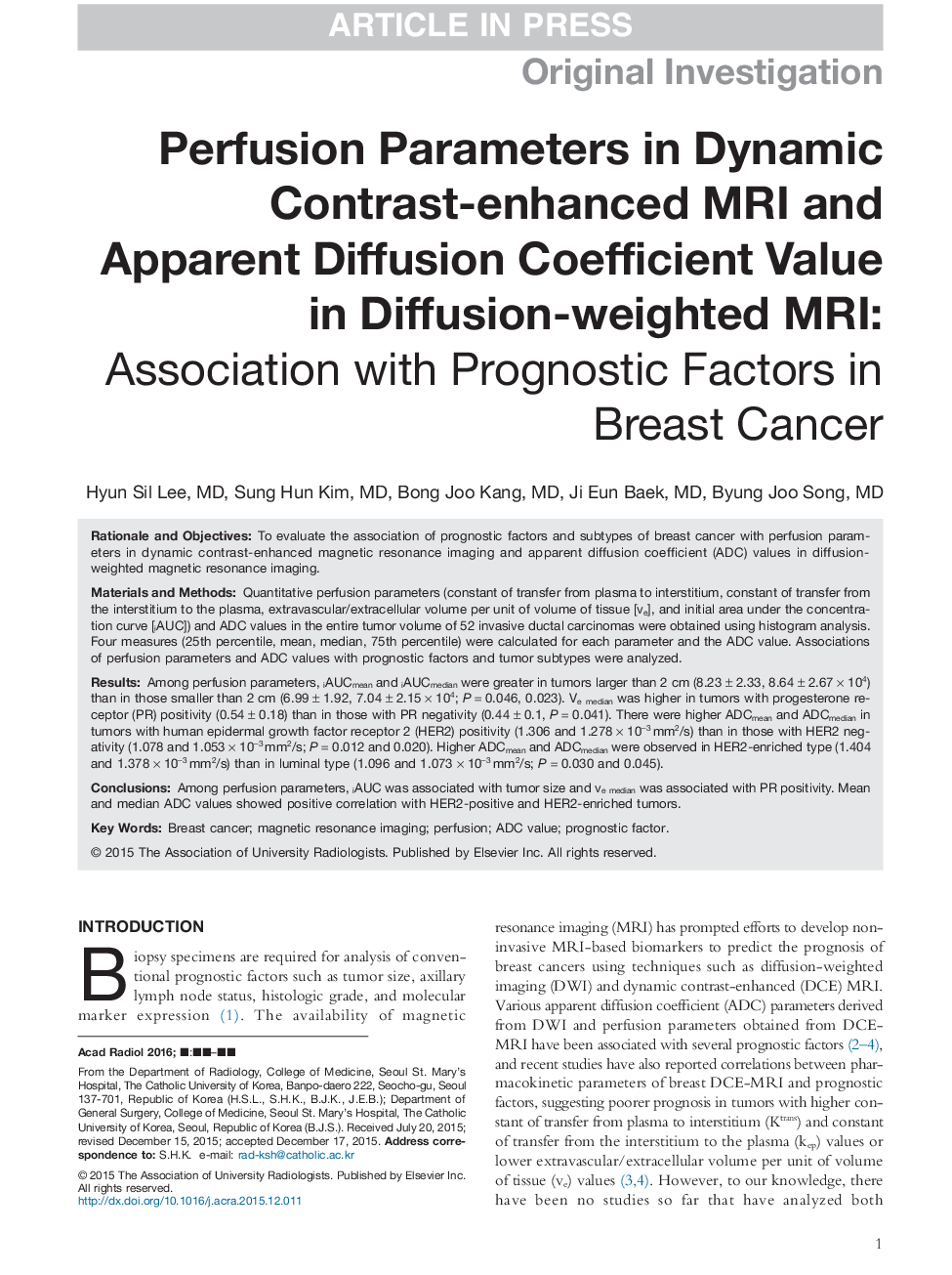 Perfusion Parameters in Dynamic Contrast-enhanced MRI and Apparent Diffusion Coefficient Value in Diffusion-weighted MRI: