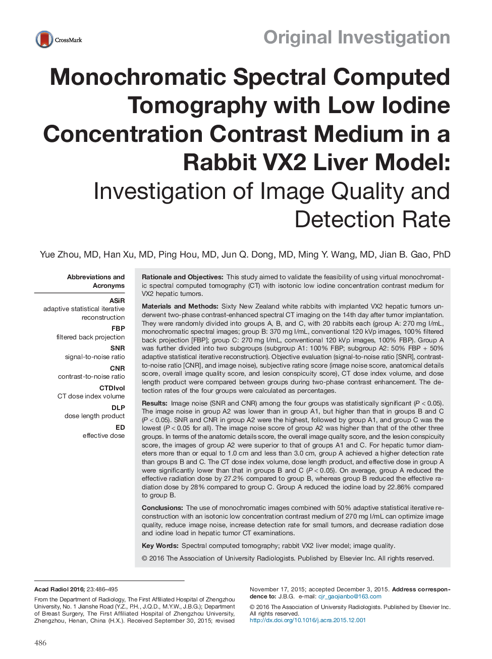 Monochromatic Spectral Computed Tomography with Low Iodine Concentration Contrast Medium in a Rabbit VX2 Liver Model: