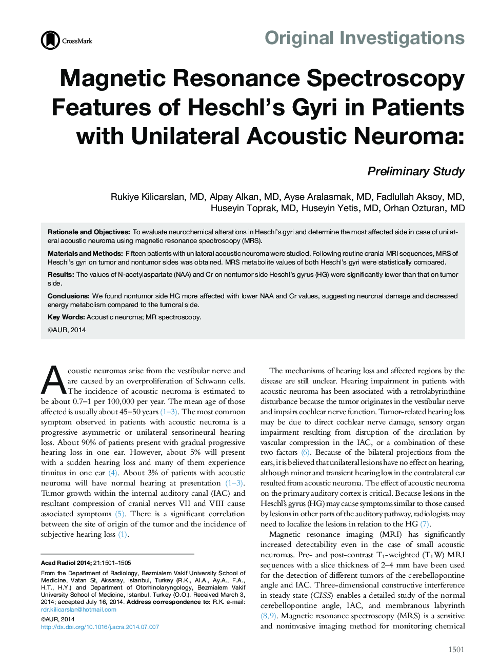 Magnetic Resonance Spectroscopy Features of Heschl's Gyri in Patients with Unilateral Acoustic Neuroma