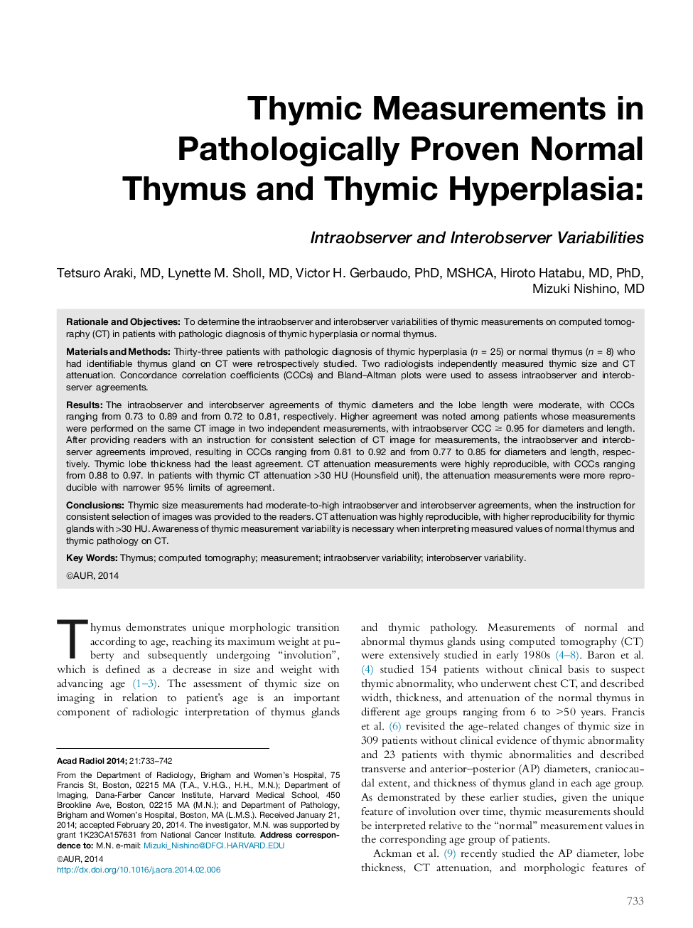 Thymic Measurements in Pathologically Proven Normal Thymus and Thymic Hyperplasia