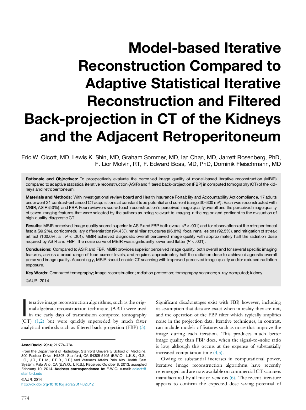 Model-based Iterative Reconstruction Compared to Adaptive Statistical Iterative Reconstruction and Filtered Back-projection in CT of the Kidneys and the Adjacent Retroperitoneum