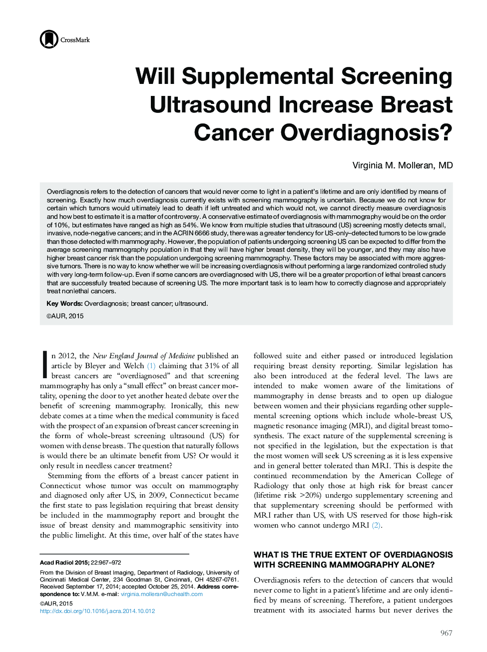 Will Supplemental Screening Ultrasound Increase Breast Cancer Overdiagnosis?