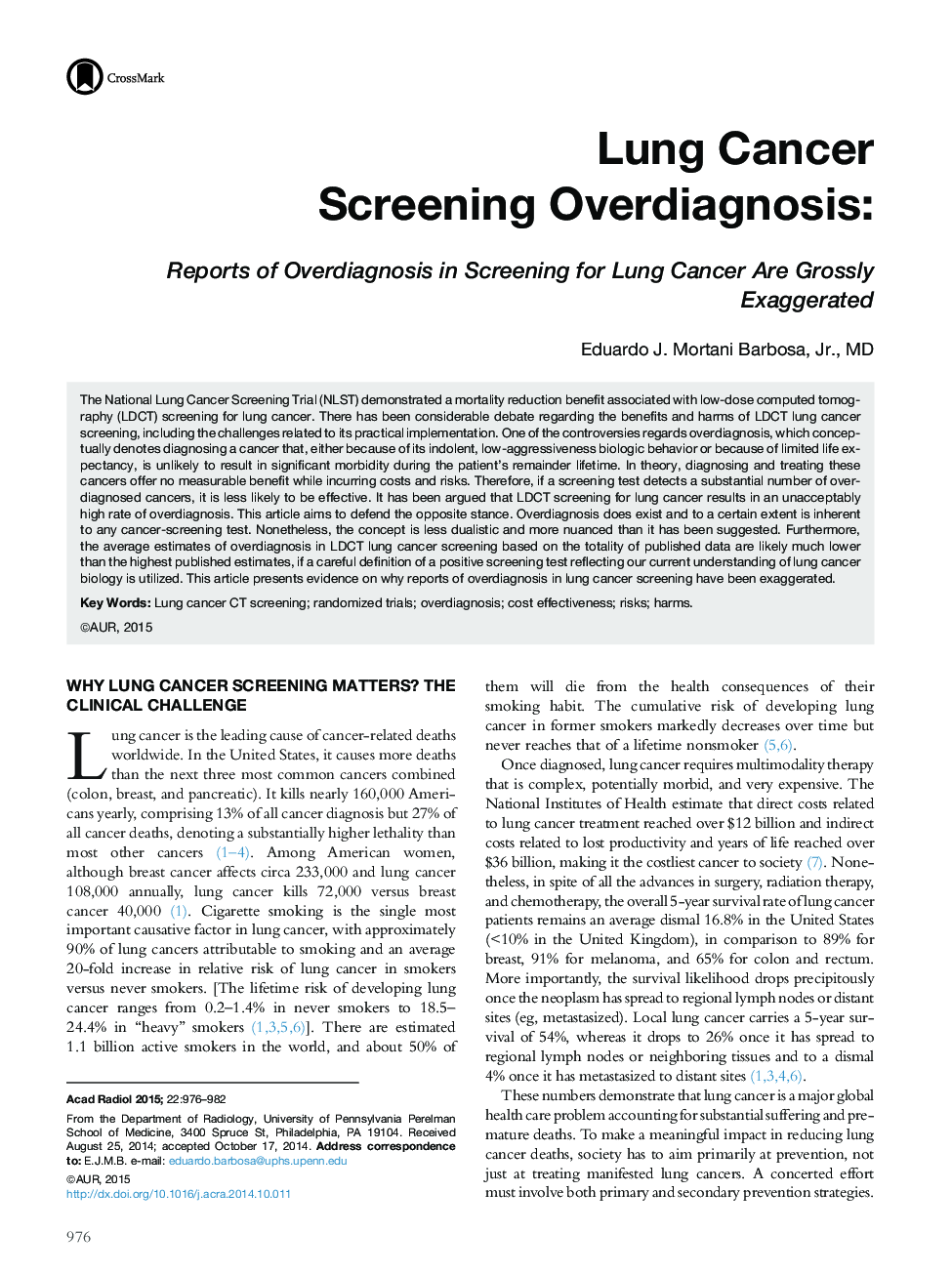 Lung Cancer Screening Overdiagnosis