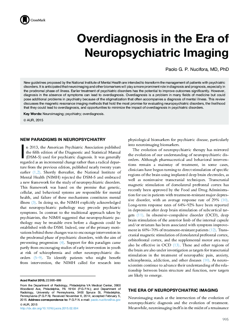 Overdiagnosis in the Era of Neuropsychiatric Imaging