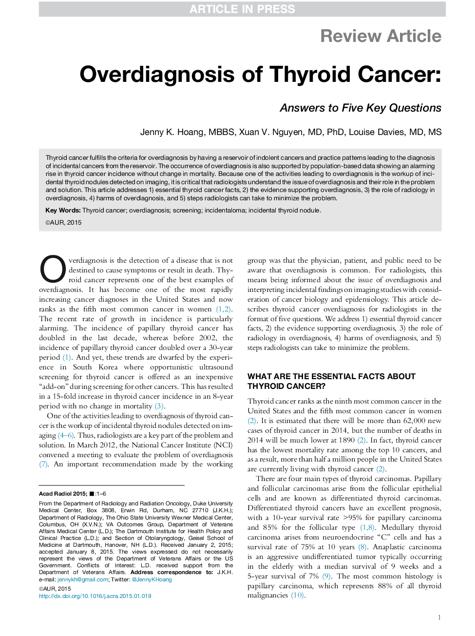 Overdiagnosis of Thyroid Cancer