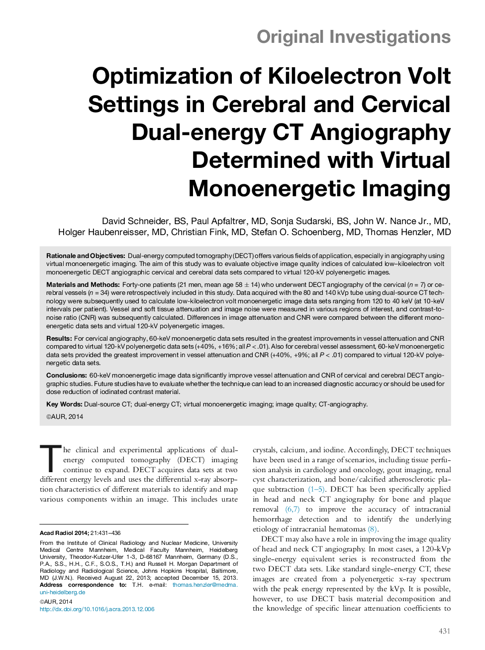 Optimization of Kiloelectron Volt Settings in Cerebral and Cervical Dual-energy CT Angiography Determined with Virtual Monoenergetic Imaging