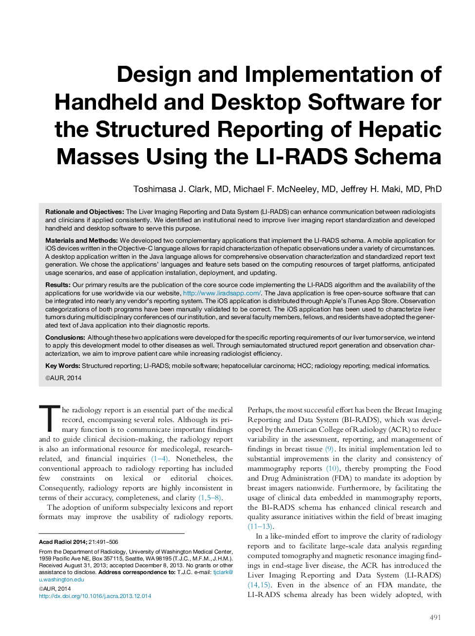 Design and Implementation of Handheld and Desktop Software for the Structured Reporting of Hepatic Masses Using the LI-RADS Schema