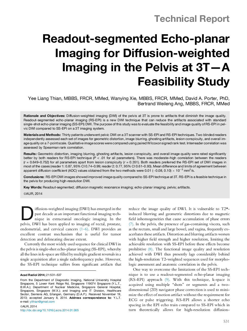 Readout-segmented Echo-planar Imaging for Diffusion-weighted Imaging in the Pelvis at 3T-A Feasibility Study