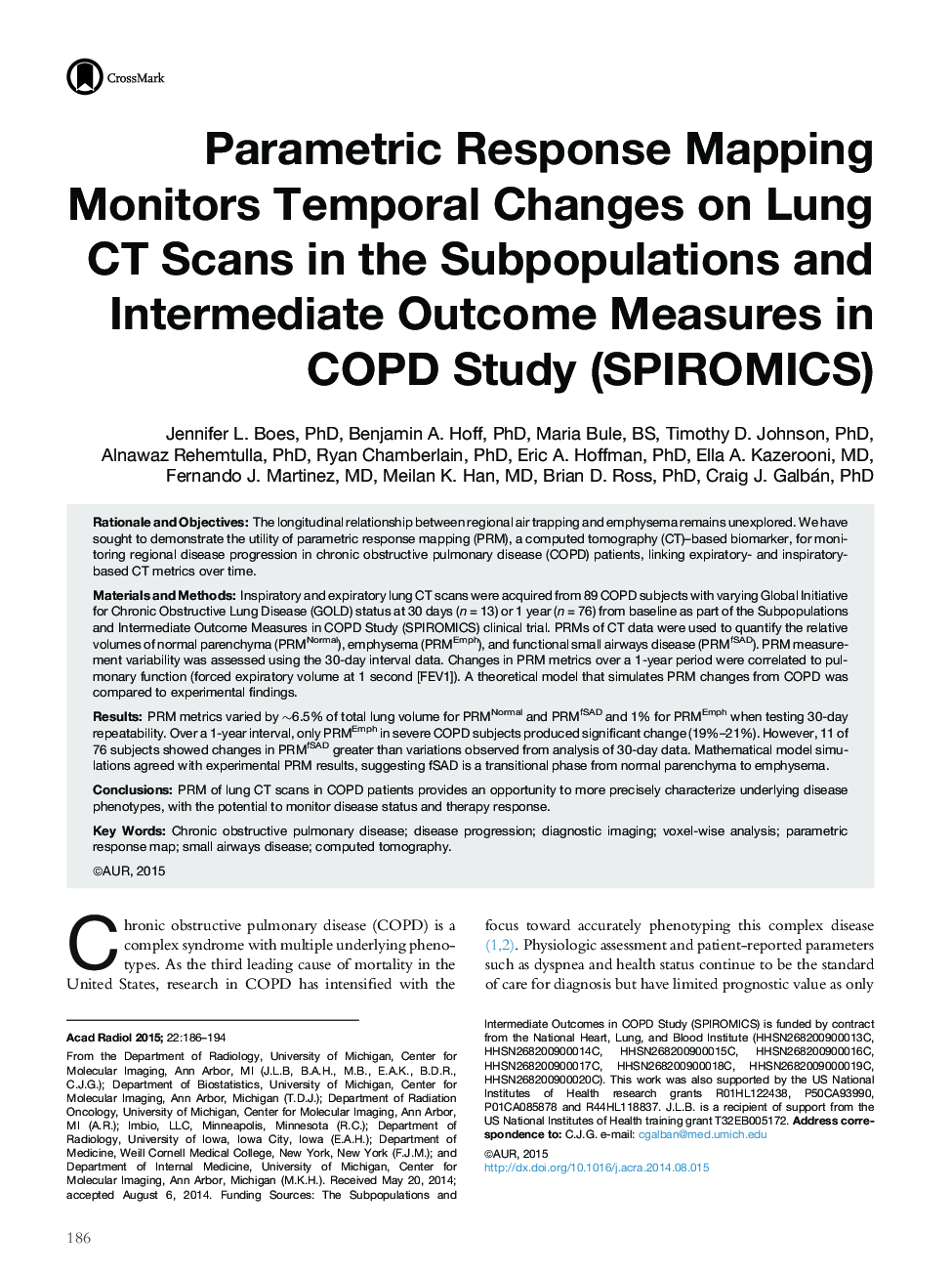 Parametric Response Mapping Monitors Temporal Changes on Lung CT Scans in the Subpopulations and Intermediate Outcome Measures in COPD Study (SPIROMICS)