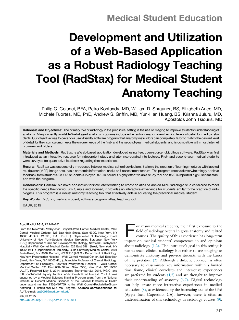 Development and Utilization of a Web-Based Application as a Robust Radiology Teaching Tool (RadStax) for Medical Student Anatomy Teaching