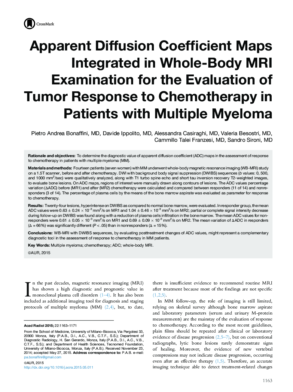 Apparent Diffusion Coefficient Maps Integrated in Whole-Body MRI Examination for the Evaluation of Tumor Response to Chemotherapy in Patients with Multiple Myeloma