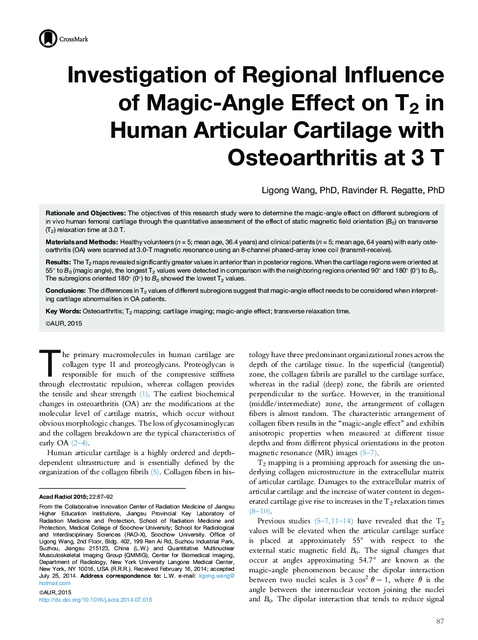 Investigation of Regional Influence of Magic-Angle Effect on T2 in Human Articular Cartilage with Osteoarthritis at 3 T