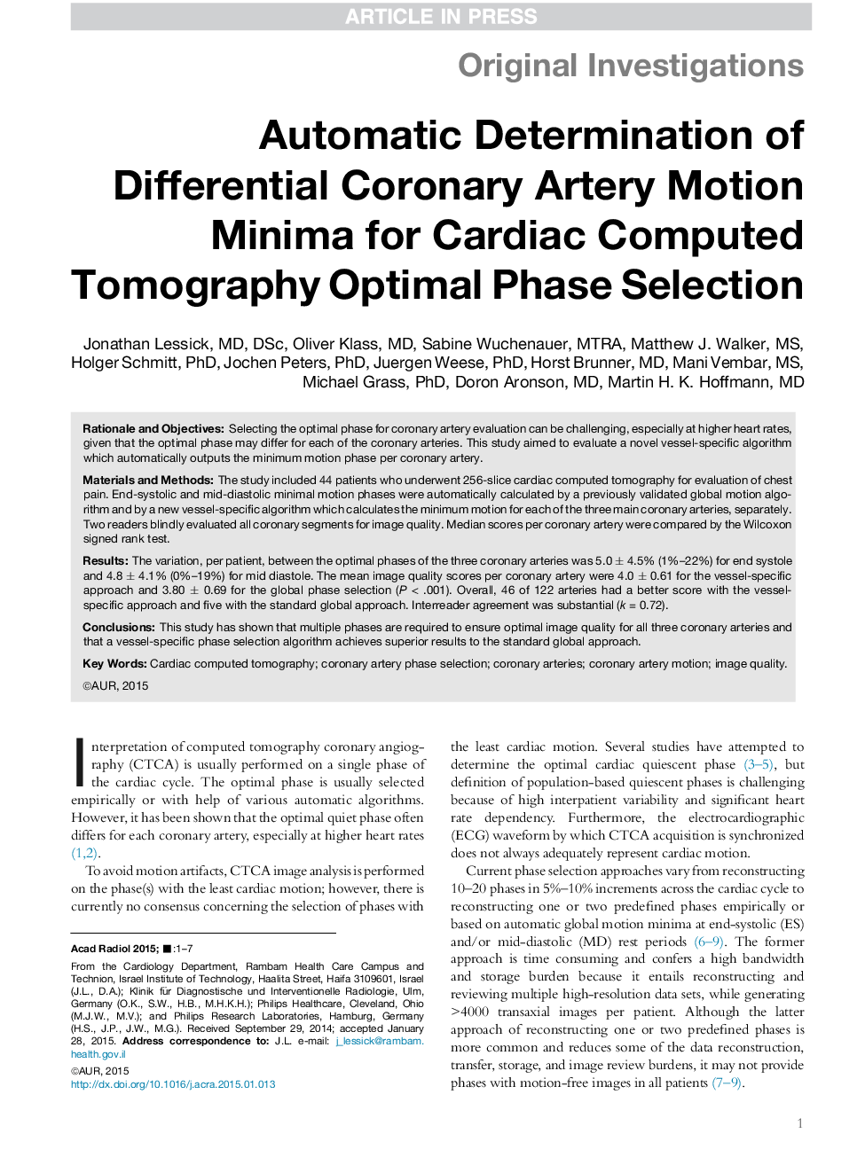 تعیین خودکار اندازه حداقل حرکت عروق کرونر دیفرانسیل برای انتخاب فاز مناسب توموگرافی کامپیوتری قلبی 