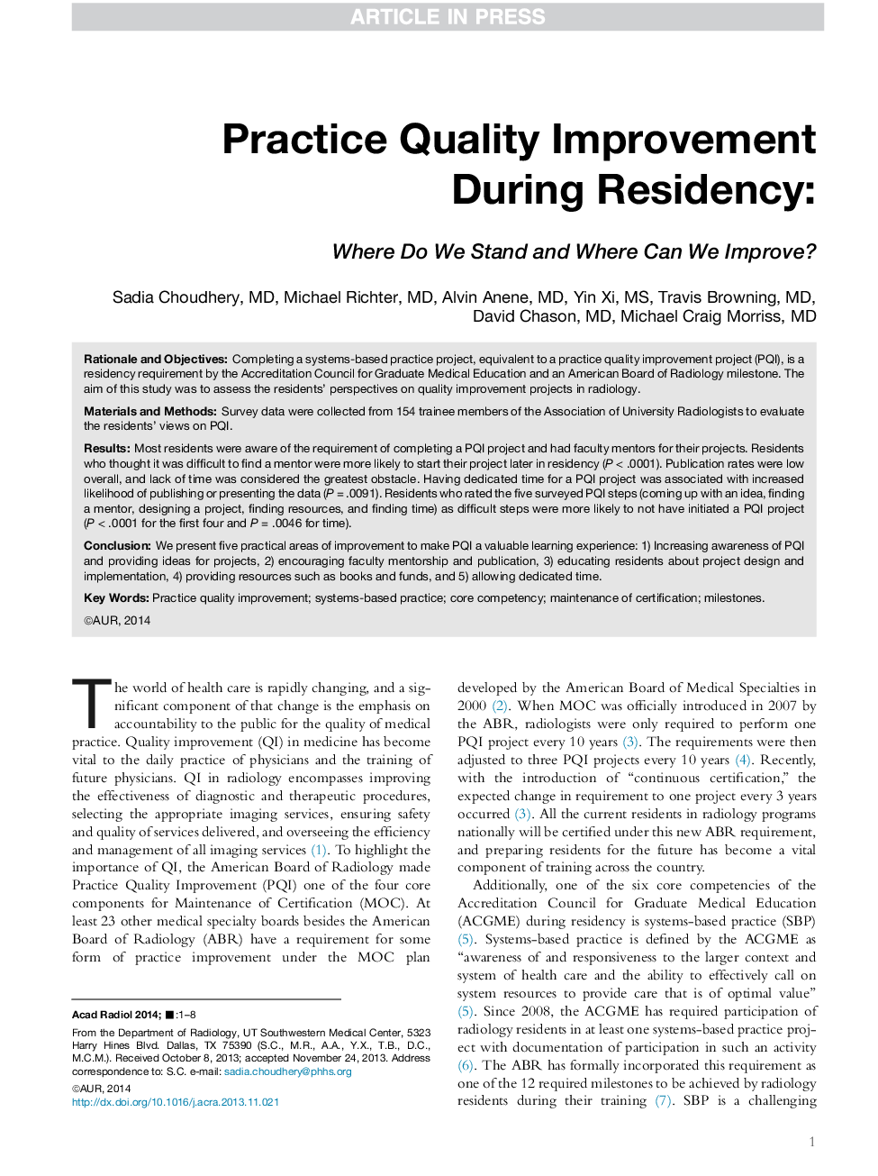 Practice Quality Improvement During Residency