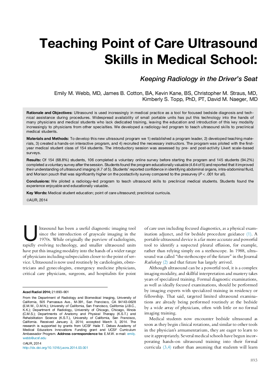 Teaching Point of Care Ultrasound Skills in Medical School