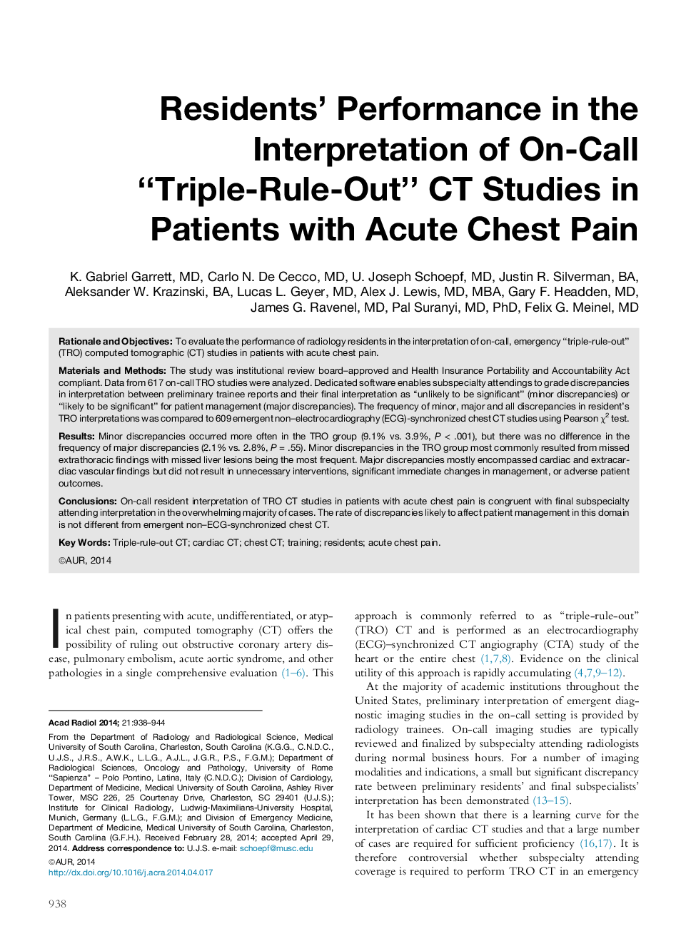 Residents' Performance in the Interpretation of On-Call “Triple-Rule-Out” CT Studies in Patients with Acute Chest Pain