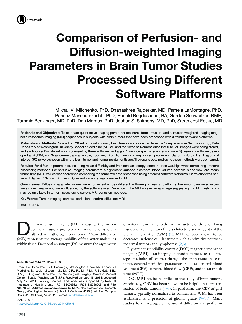 Comparison of Perfusion- and Diffusion-weighted Imaging Parameters in Brain Tumor Studies Processed Using Different Software Platforms