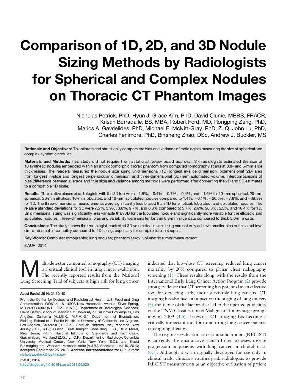 Comparison of 1D, 2D, and 3D Nodule Sizing Methods by Radiologists for Spherical and Complex Nodules on Thoracic CT Phantom Images