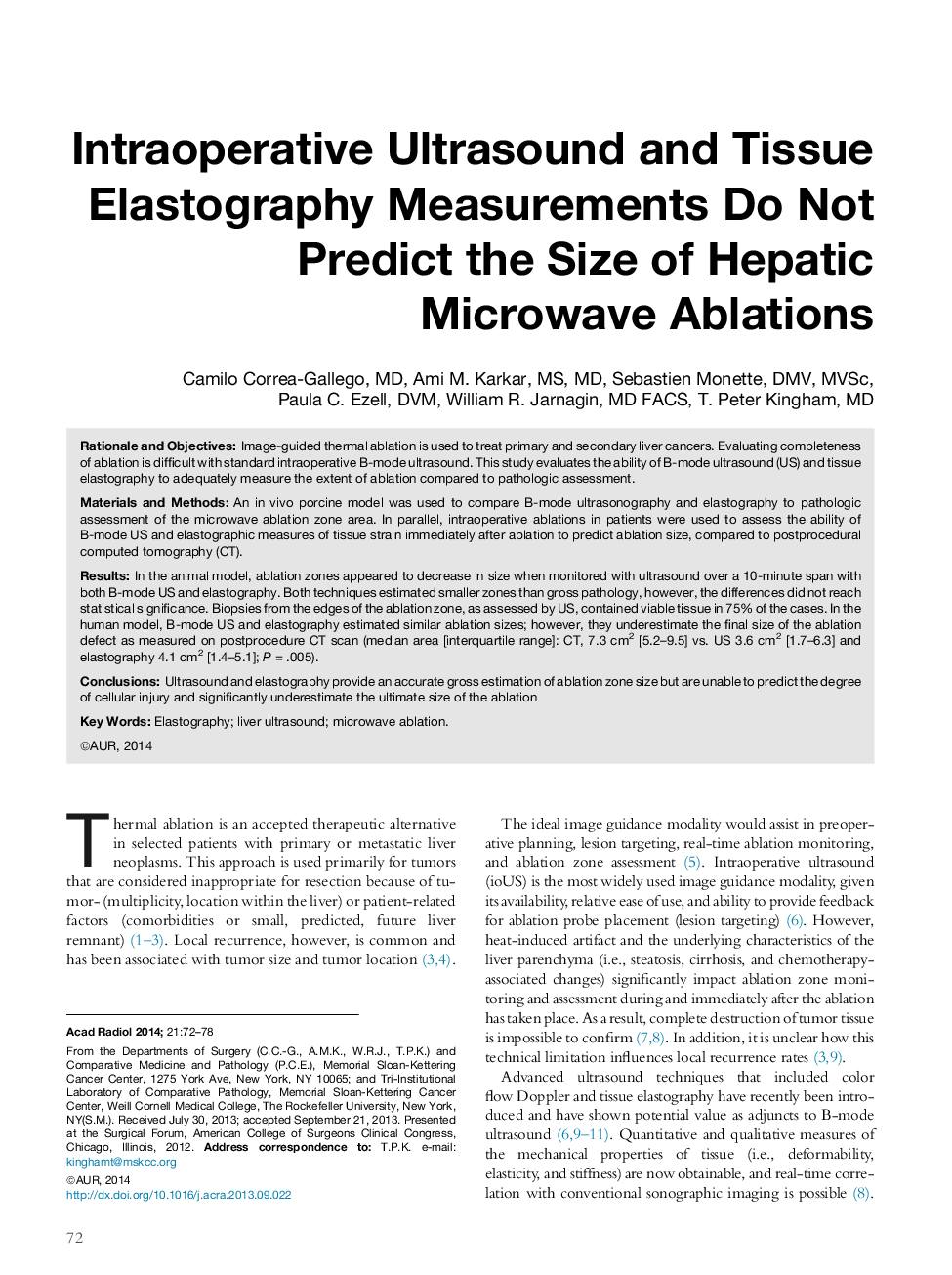 Intraoperative Ultrasound and Tissue Elastography Measurements Do Not Predict the Size of Hepatic Microwave Ablations