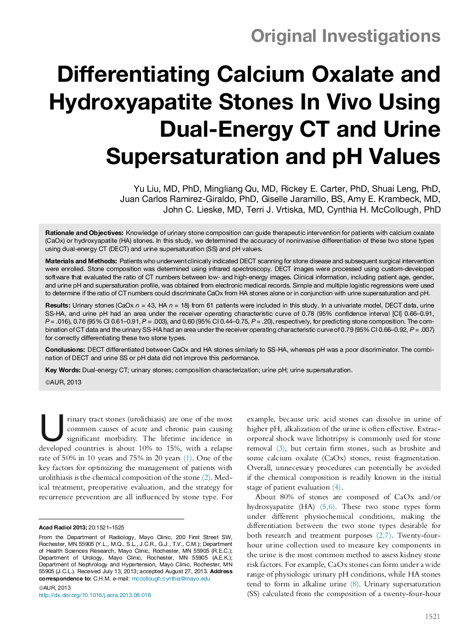 Differentiating Calcium Oxalate and Hydroxyapatite Stones InÂ Vivo Using Dual-Energy CT and Urine Supersaturation and pH Values