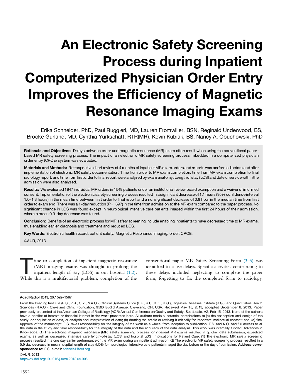 An Electronic Safety Screening Process during Inpatient Computerized Physician Order Entry Improves the Efficiency of Magnetic Resonance Imaging Exams