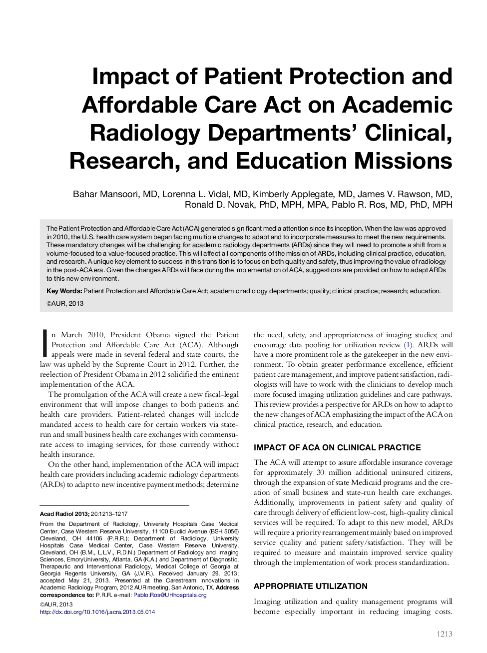 Impact of Patient Protection and Affordable Care Act on Academic Radiology Departments' Clinical, Research, and Education Missions