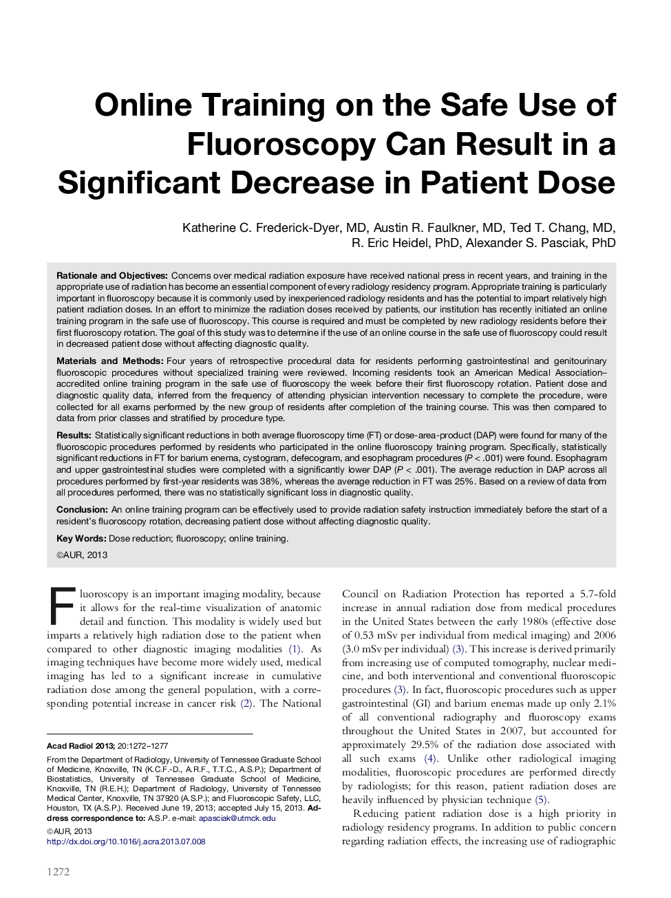 Online Training on the Safe Use of Fluoroscopy Can Result in a Significant Decrease in Patient Dose