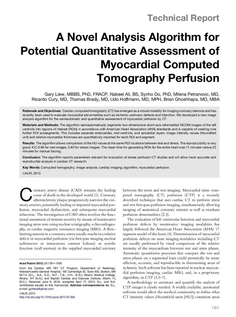 A Novel Analysis Algorithm for Potential Quantitative Assessment of Myocardial Computed Tomography Perfusion