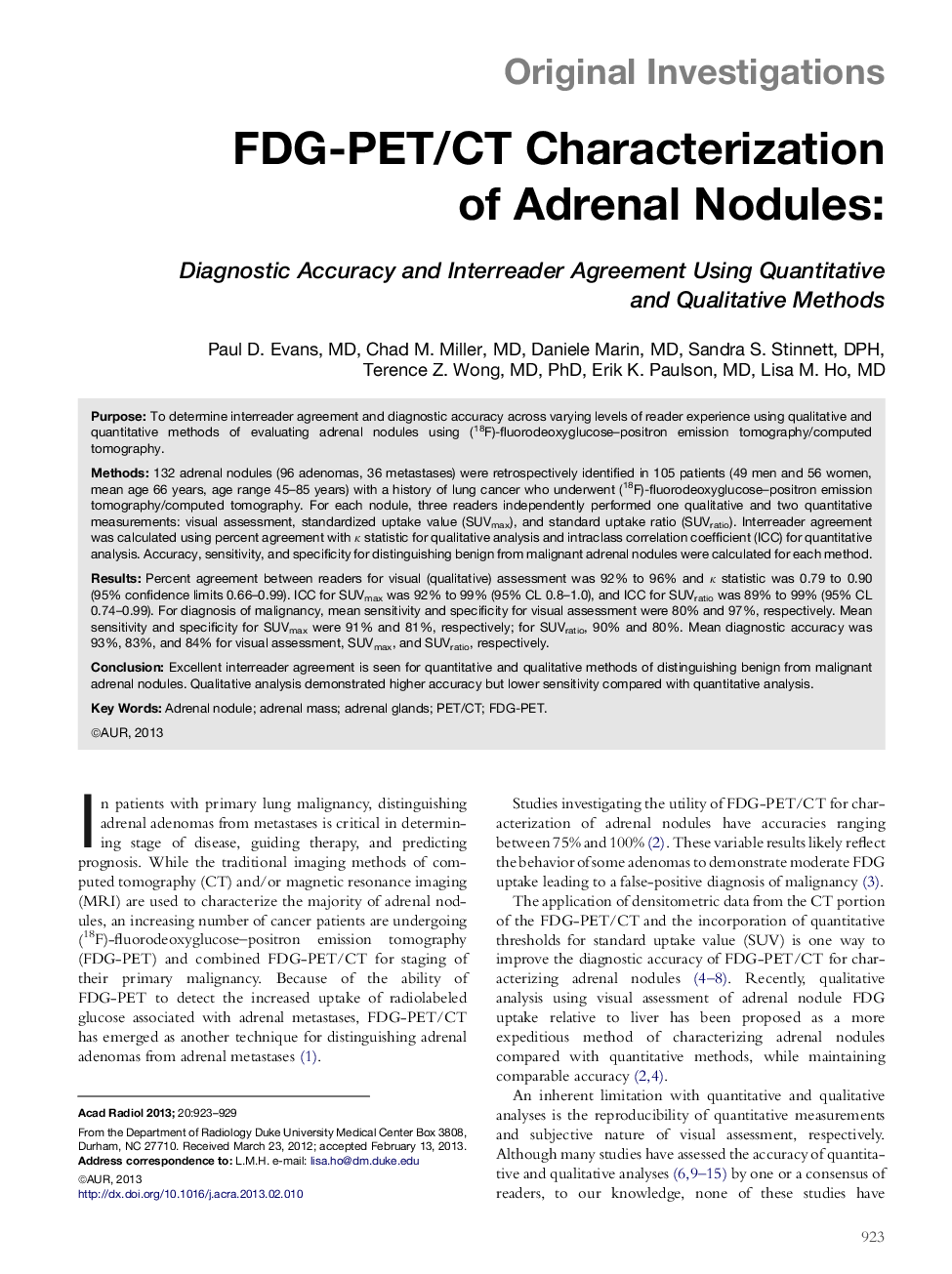 FDG-PET/CT Characterization of Adrenal Nodules