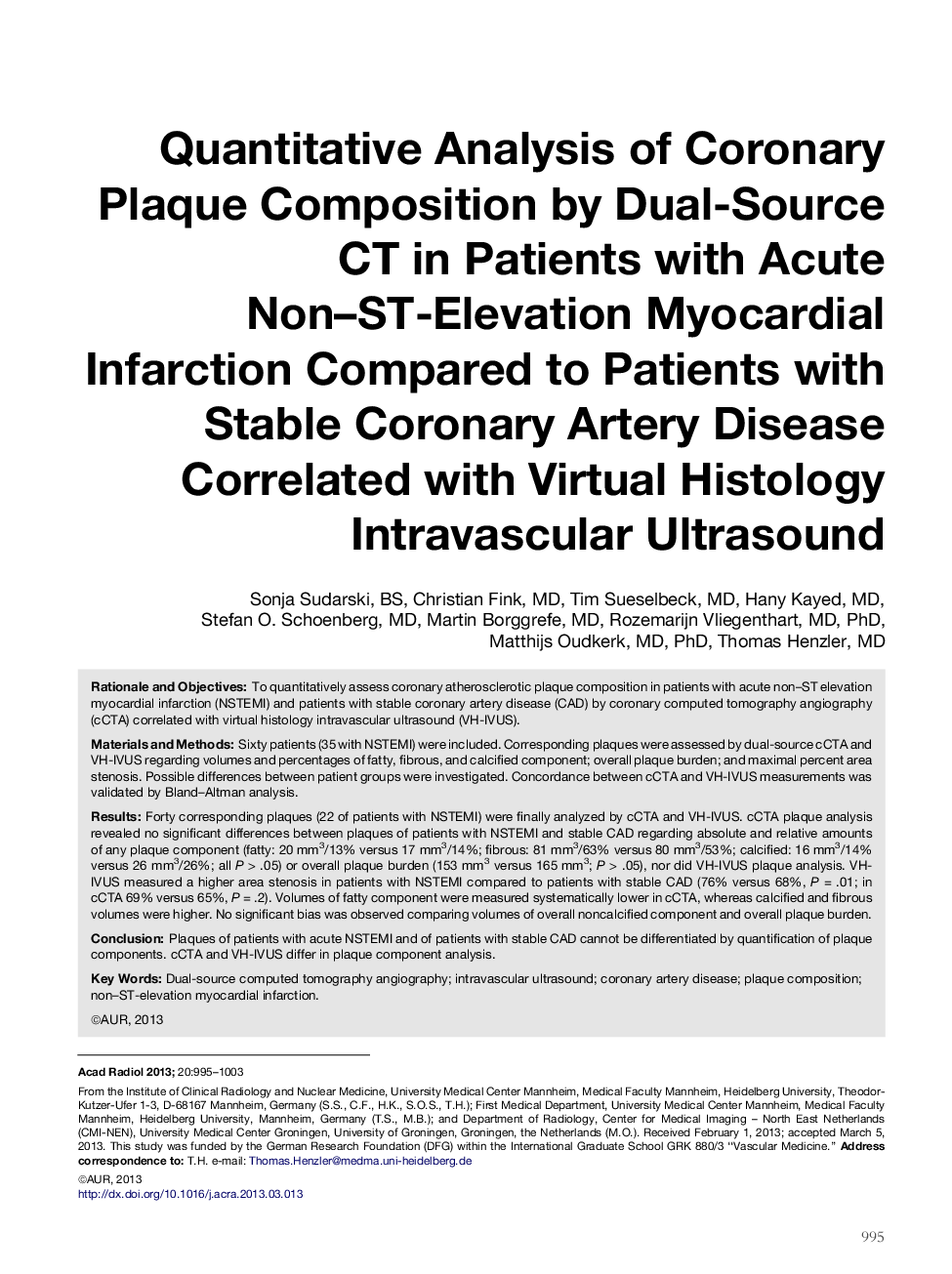 Quantitative Analysis of Coronary Plaque Composition by Dual-Source CT in Patients with Acute Non-ST-Elevation Myocardial Infarction Compared to Patients with Stable Coronary Artery Disease Correlated with Virtual Histology Intravascular Ultrasound