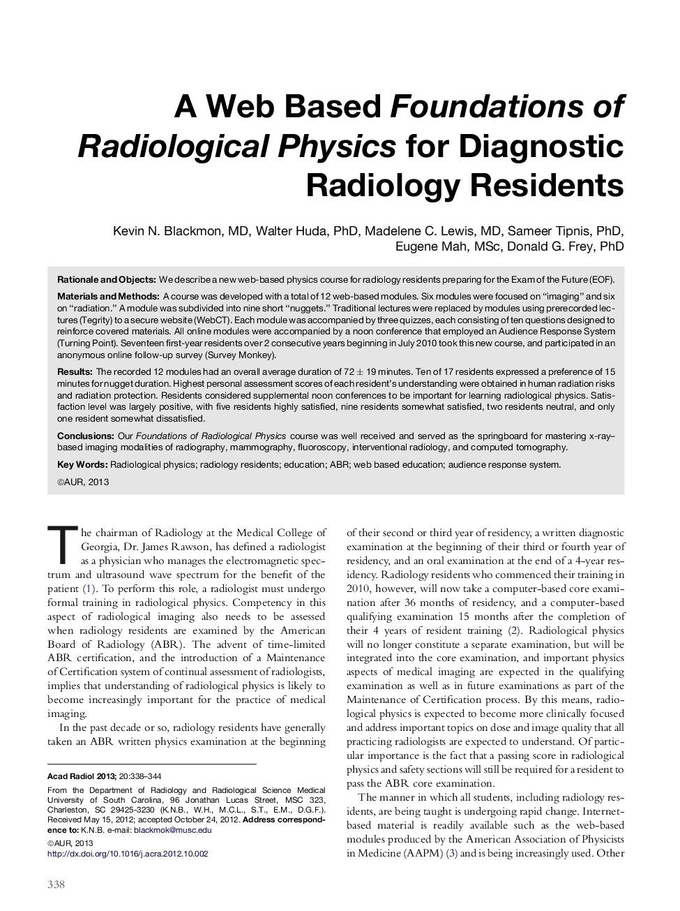A Web Based Foundations of Radiological Physics for Diagnostic Radiology Residents