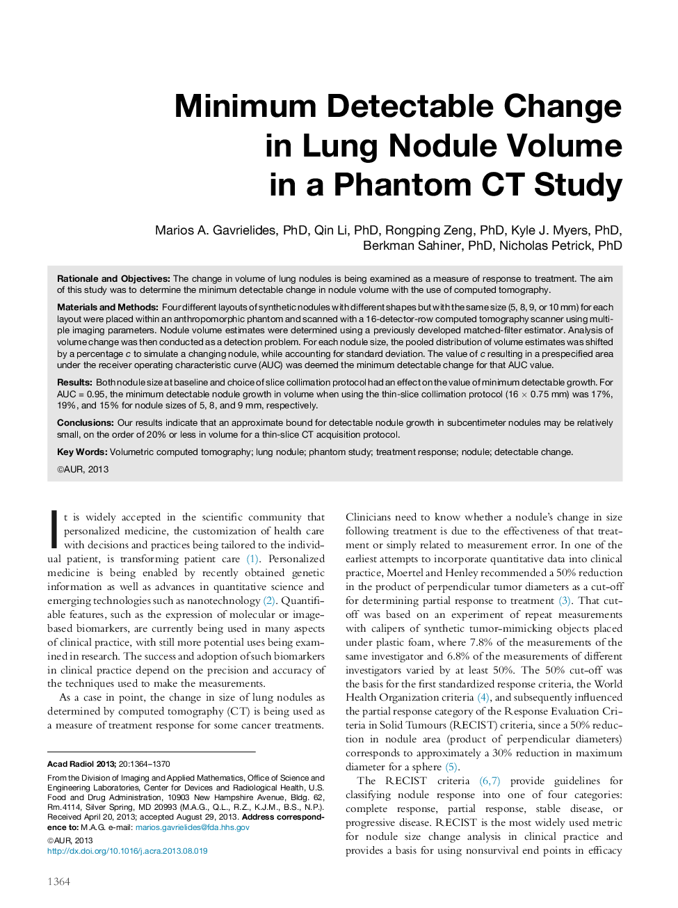 Minimum Detectable Change in Lung Nodule Volume in a Phantom CT Study