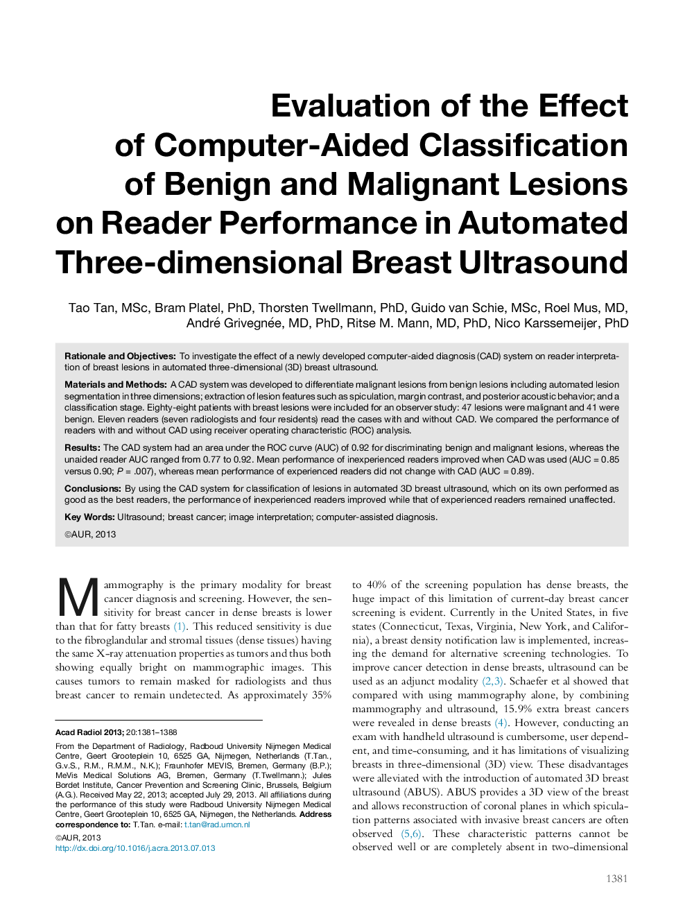 Evaluation of the Effect ofÂ Computer-Aided Classification ofÂ Benign and Malignant Lesions onÂ Reader Performance in Automated Three-dimensional Breast Ultrasound