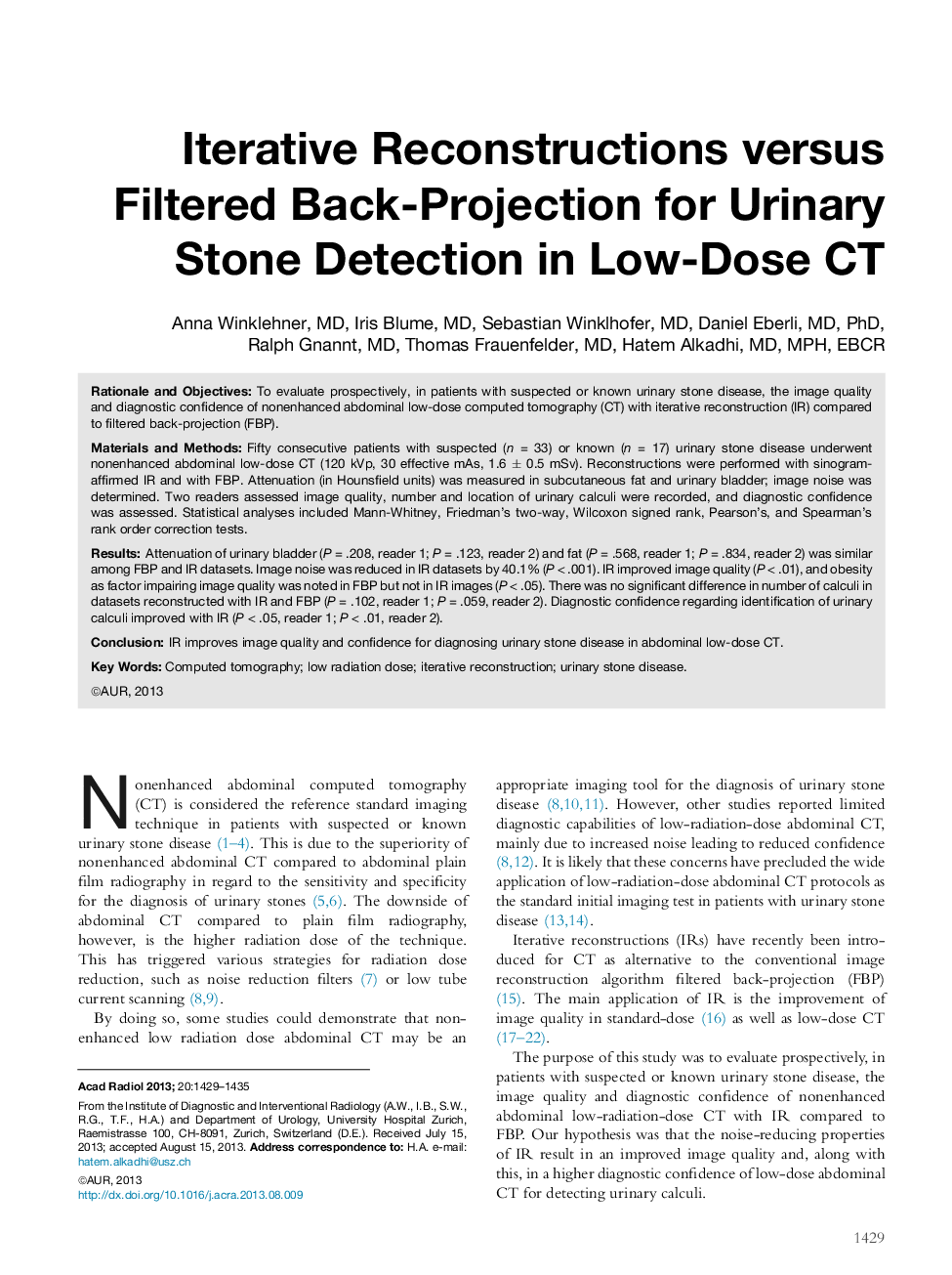 Iterative Reconstructions versus Filtered Back-Projection for Urinary Stone Detection in Low-Dose CT