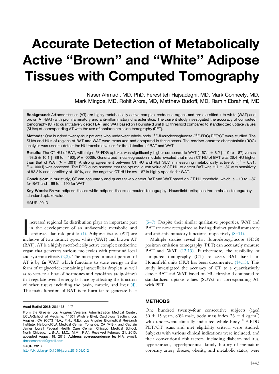 Accurate Detection of Metabolically Active “Brown” and “White” Adipose Tissues with Computed Tomography