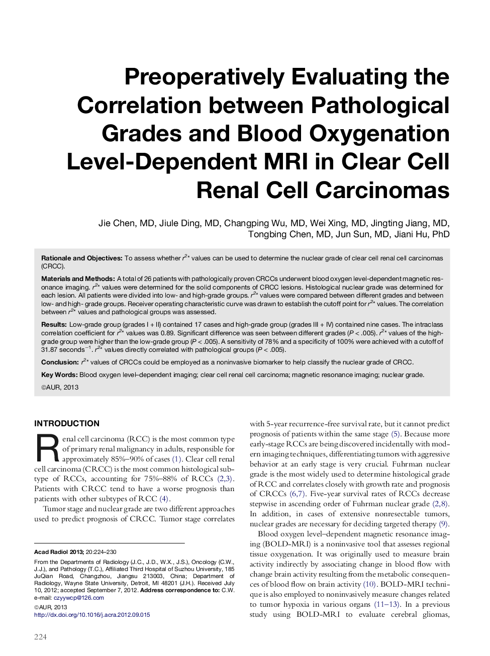 Preoperatively Evaluating the Correlation between Pathological Grades and Blood Oxygenation Level-Dependent MRI in Clear Cell Renal Cell Carcinomas