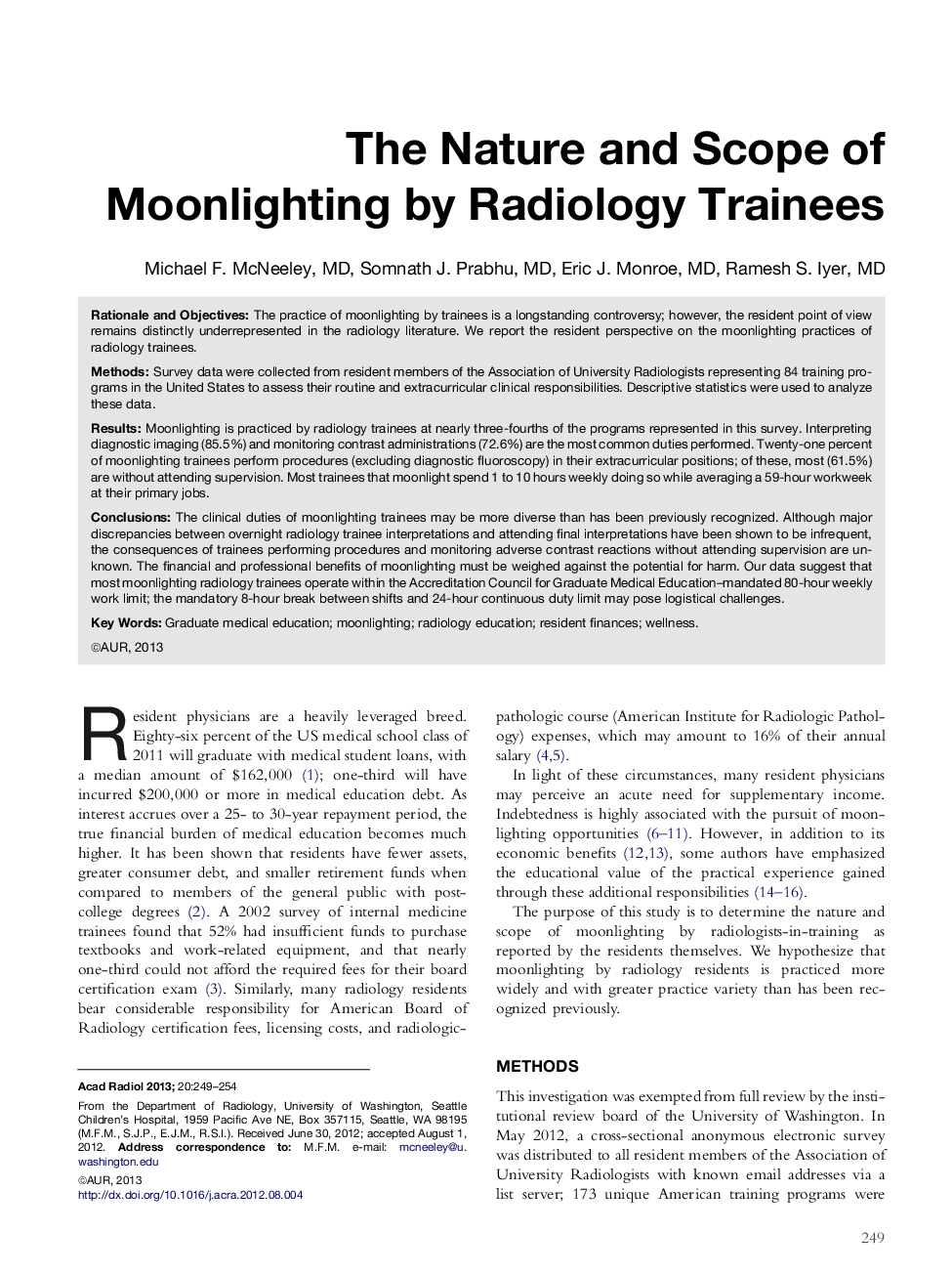The Nature and Scope of Moonlighting by Radiology Trainees