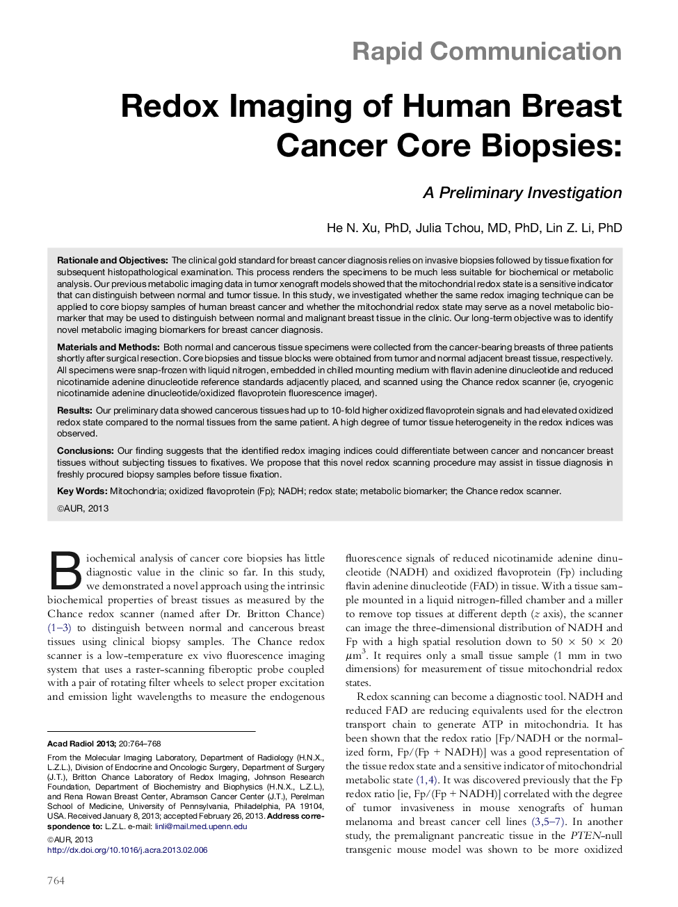 Redox Imaging of Human Breast Cancer Core Biopsies