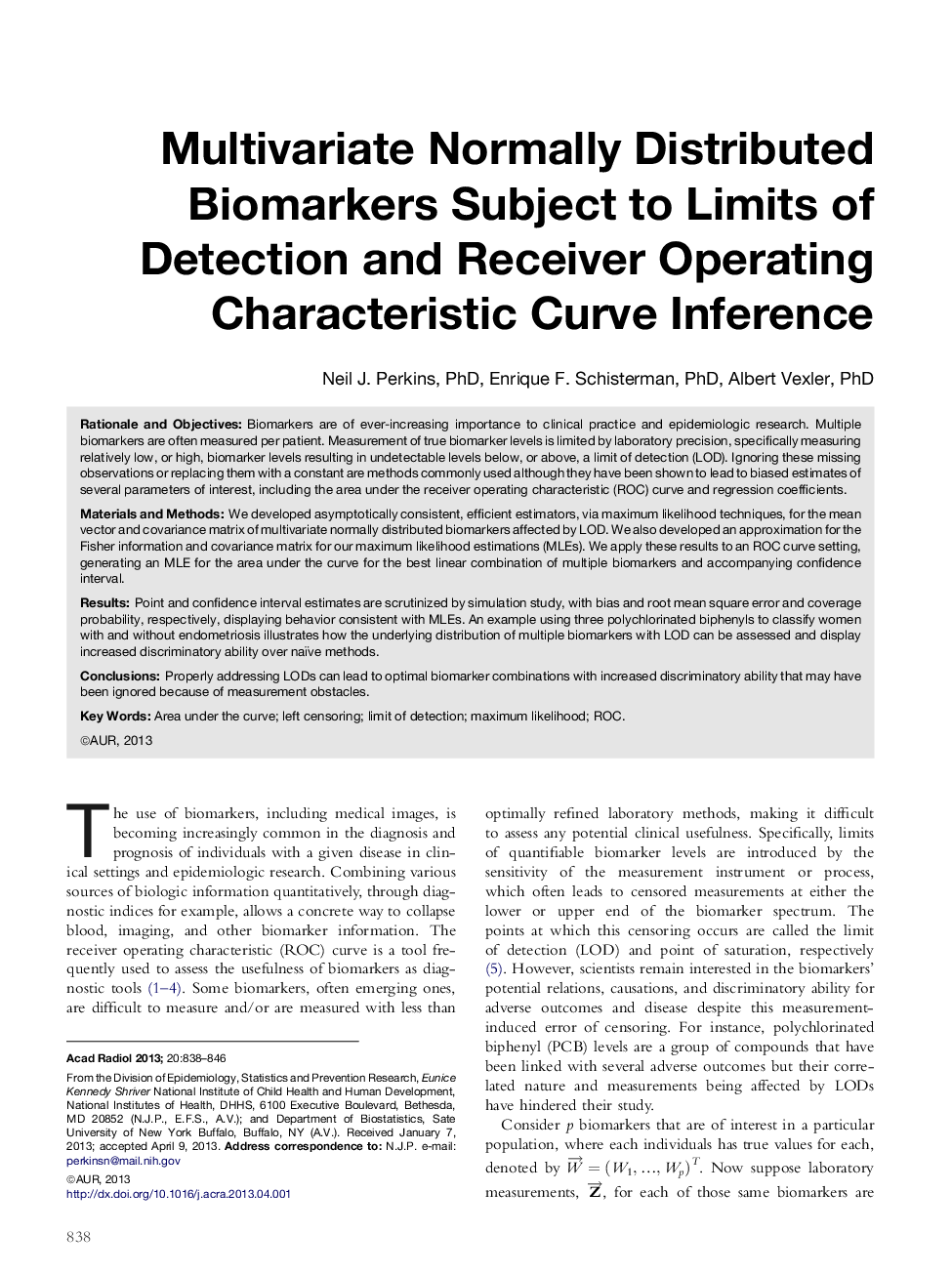 Multivariate Normally Distributed Biomarkers Subject to Limits of Detection and Receiver Operating Characteristic Curve Inference