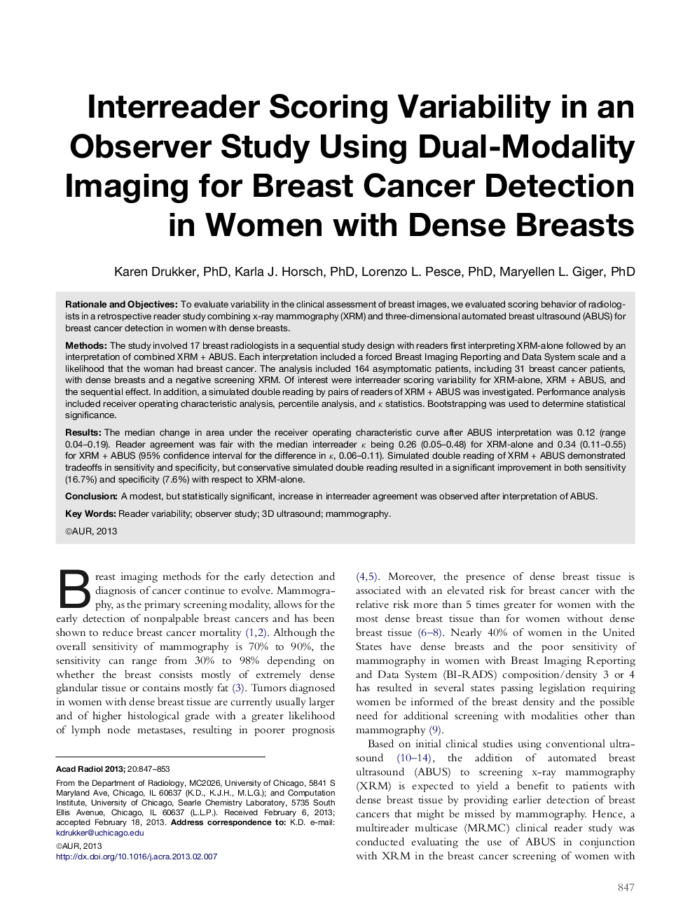 Interreader Scoring Variability in an Observer Study Using Dual-Modality Imaging for Breast Cancer Detection in Women with Dense Breasts